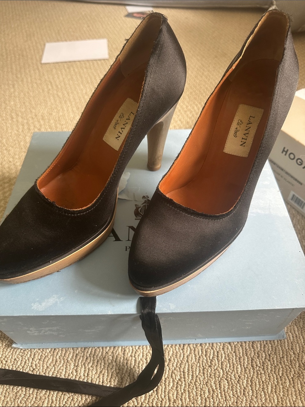 Lanvin Black Satin Platform Pumps with Gold Trim